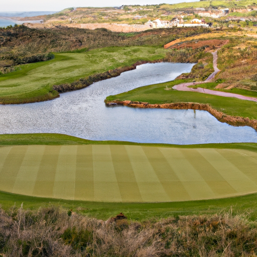A scenic view of a golf course with rolling hills and water hazards