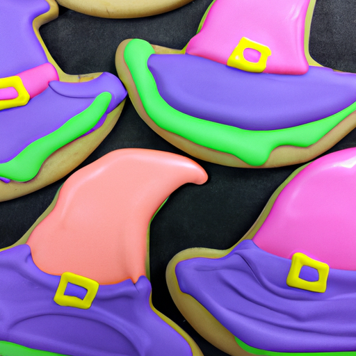 Witch hat cookies with colorful icing designs